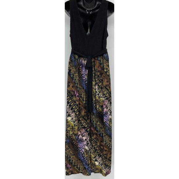 Connected Apparel Women Dress Size 14 Black Boho Print Beaded V Neck Sleeveless - Picture 4 of 7